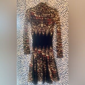 Jean Paul Gaultier Soleil Red Black Mesh Floral Dress High Neck Long Sleeve Sz M